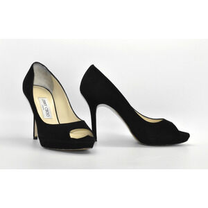 C5 Auth JIMMY CHOO Black Suede Peep Toe Stiletto Heels Pump Shoes Size 38.5